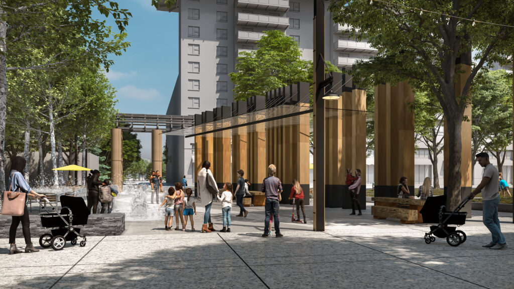 Early concept rendering of the Eau Claire Plaza redevelopment in Calgary, showing a lively public space with trees, seating, and pedestrian activity.