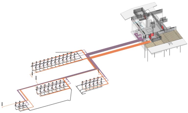 Eau Claire Plaza fog feature infrastructure diagram, mapping the supply lines and zone layout from the mechanical room to the deck level fog niches.