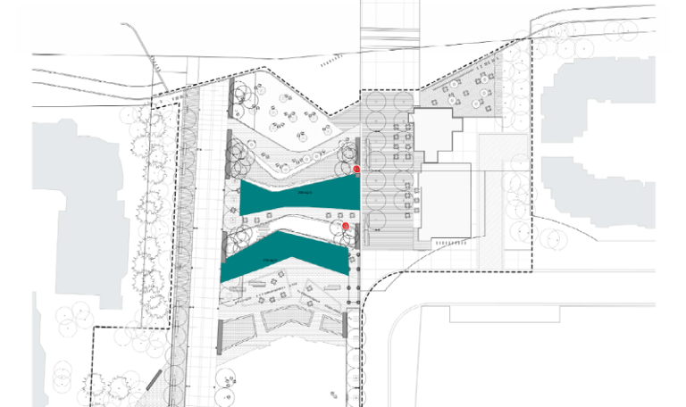 Original draft site plan of Eau Claire Plaza redevelopment, with a blue dot indicating the proposed water feature area that later evolved into the interactive fog installation.